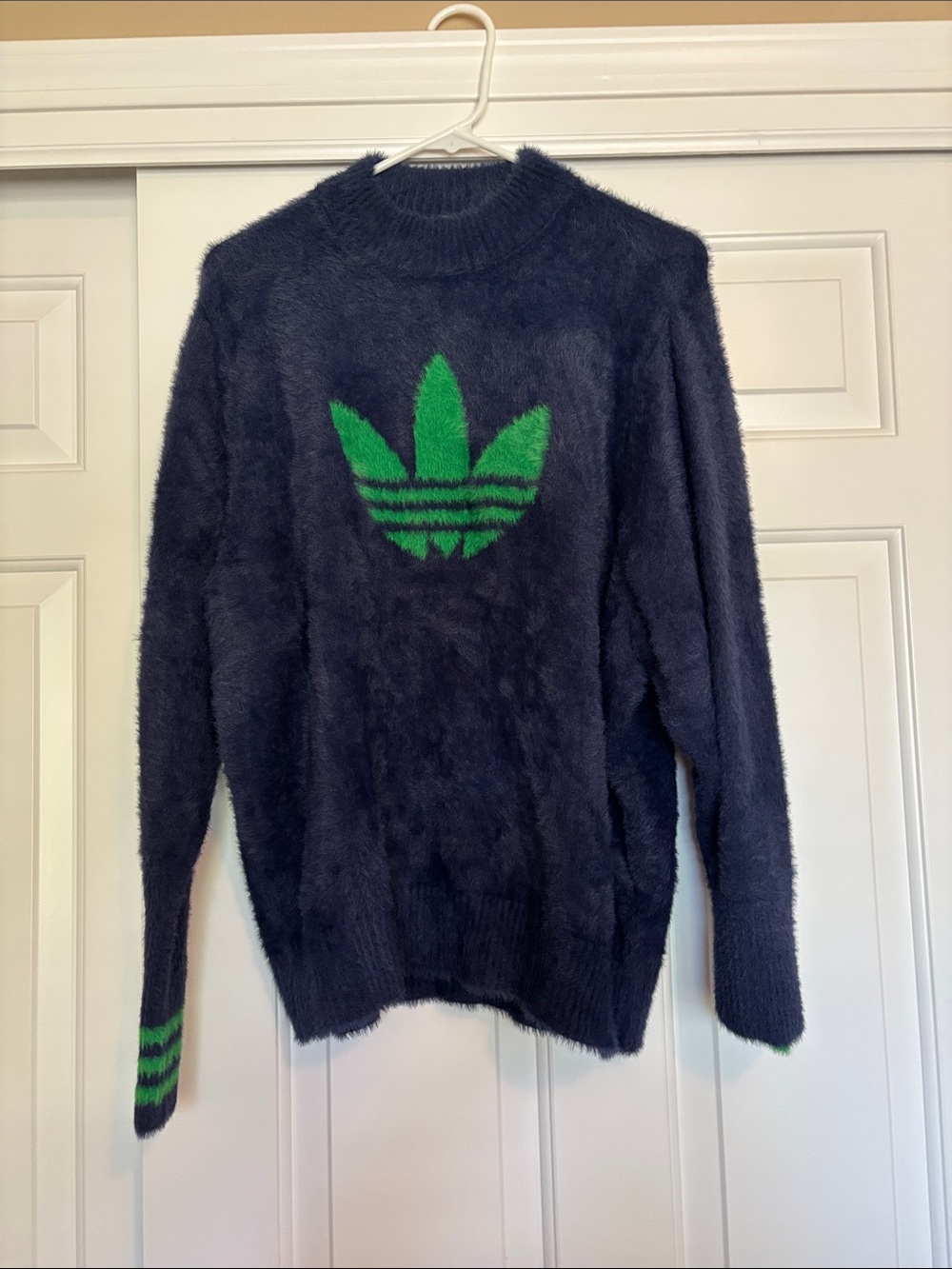 Adidas ladies eyelashFuzzy Crewneck Sweater with Green Trefoil Logo